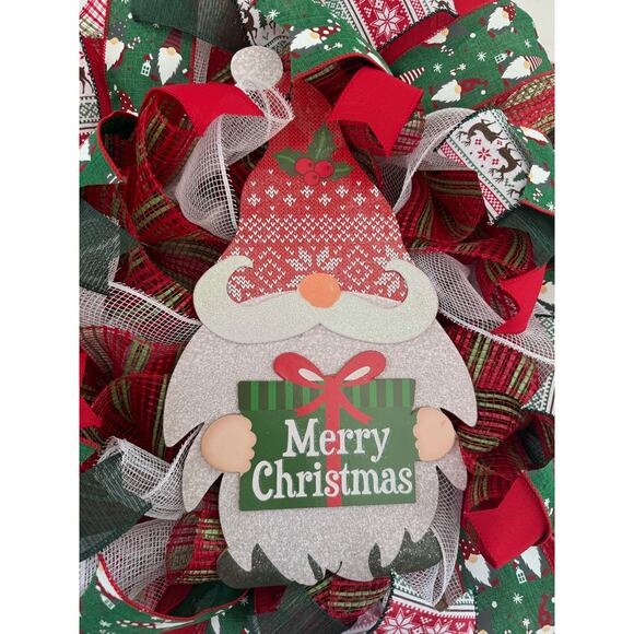 Merry Christmas Gnome Wreath | Red Green Christmas Door Decor Holiday Wreath xxx - Picture 2 of 9